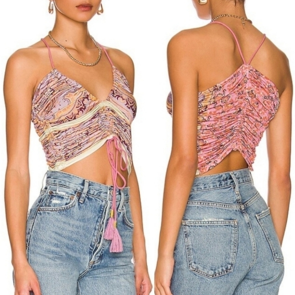 Free People Lavender Multicolored Crop Tank Top with Ruched Tie Front